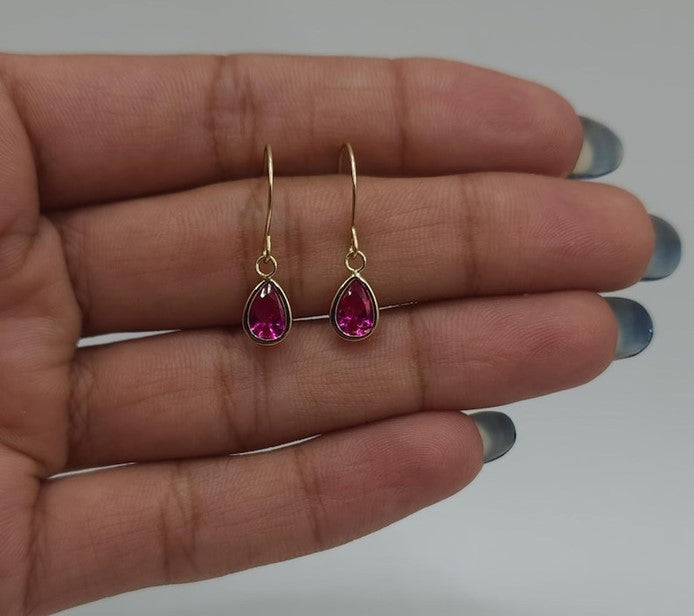 14Kt Yellow Gold Created Ruby Pear Bezel Dangle Earrings