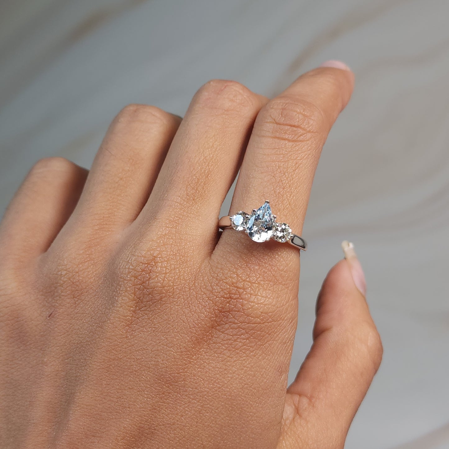 Genuine Aquamarine & Lab Grown Diamond Pear Round ring .925 Sterling Silver