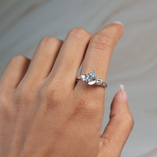 Genuine Aquamarine & Lab Grown Diamond Pear Round ring .925 Sterling Silver