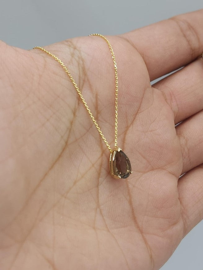 14Kt Gold Smoky Topaz Teardrop Pendant Necklace