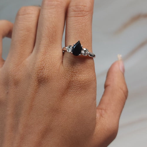 Natural Black Onyx & Lab Grown Diamond Pear Round ring .925 Sterling Silver
