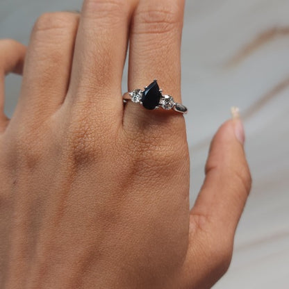 Natural Black Onyx & Lab Grown Diamond Pear Round ring .925 Sterling Silver