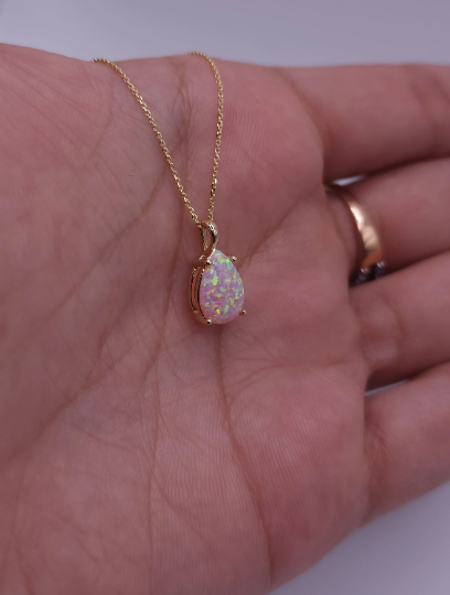 14Kt Gold Pink Opal Teardrop Pendant Necklace