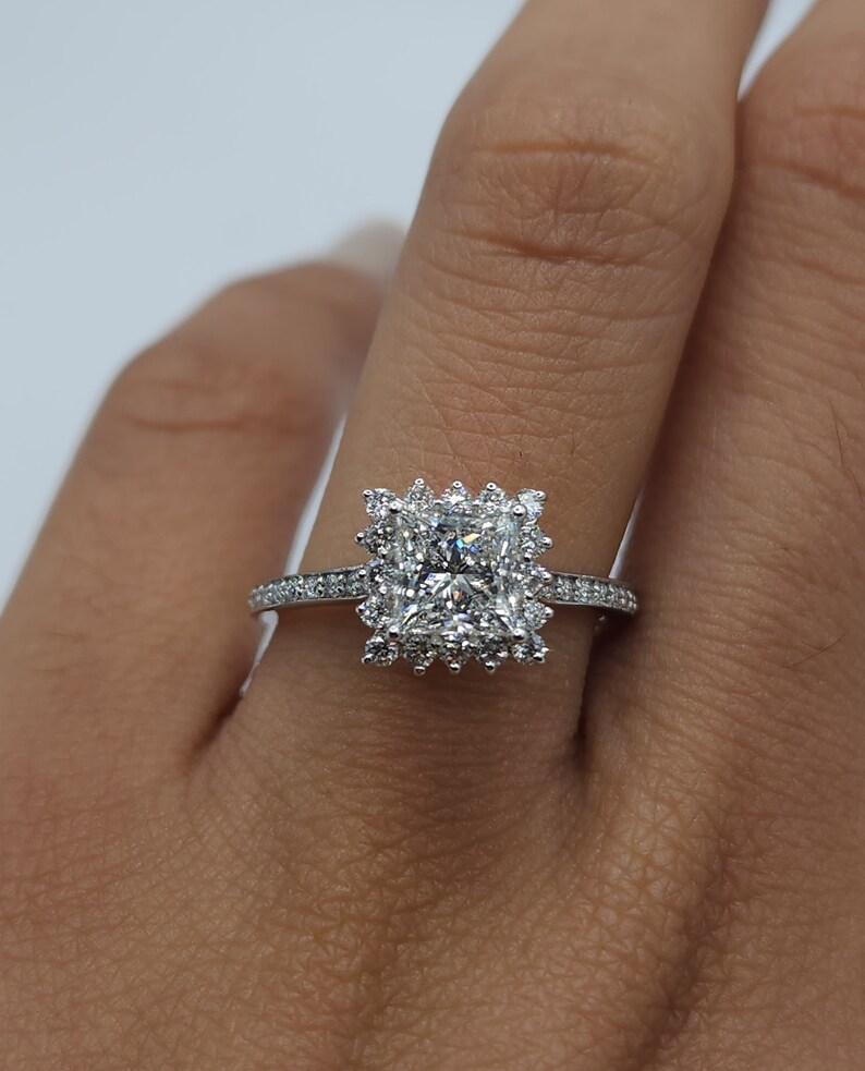 14Kt Gold 1.63 Ct Lab Grown Princess Cut Diamond Halo Engagement Ring