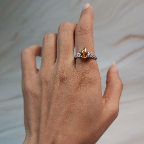 Simulated Orange Citrine & Lab Grown Diamond Pear Round ring .925 Sterling Silver