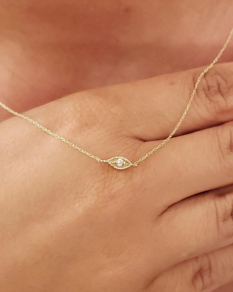 14Kt Gold Lab Grown Eye Diamond Double Side Pendant Necklace