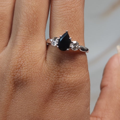 Natural Black Onyx & Lab Grown Diamond Pear Round ring .925 Sterling Silver