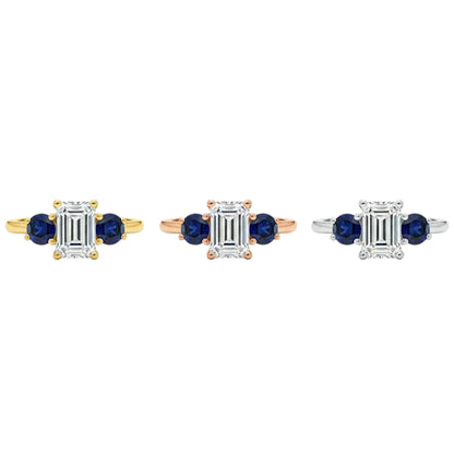 14Kt Gold 1.60 Ct Emerald Cut and Blue Sapphire 3 Stone Lab Grown Diamond Ring