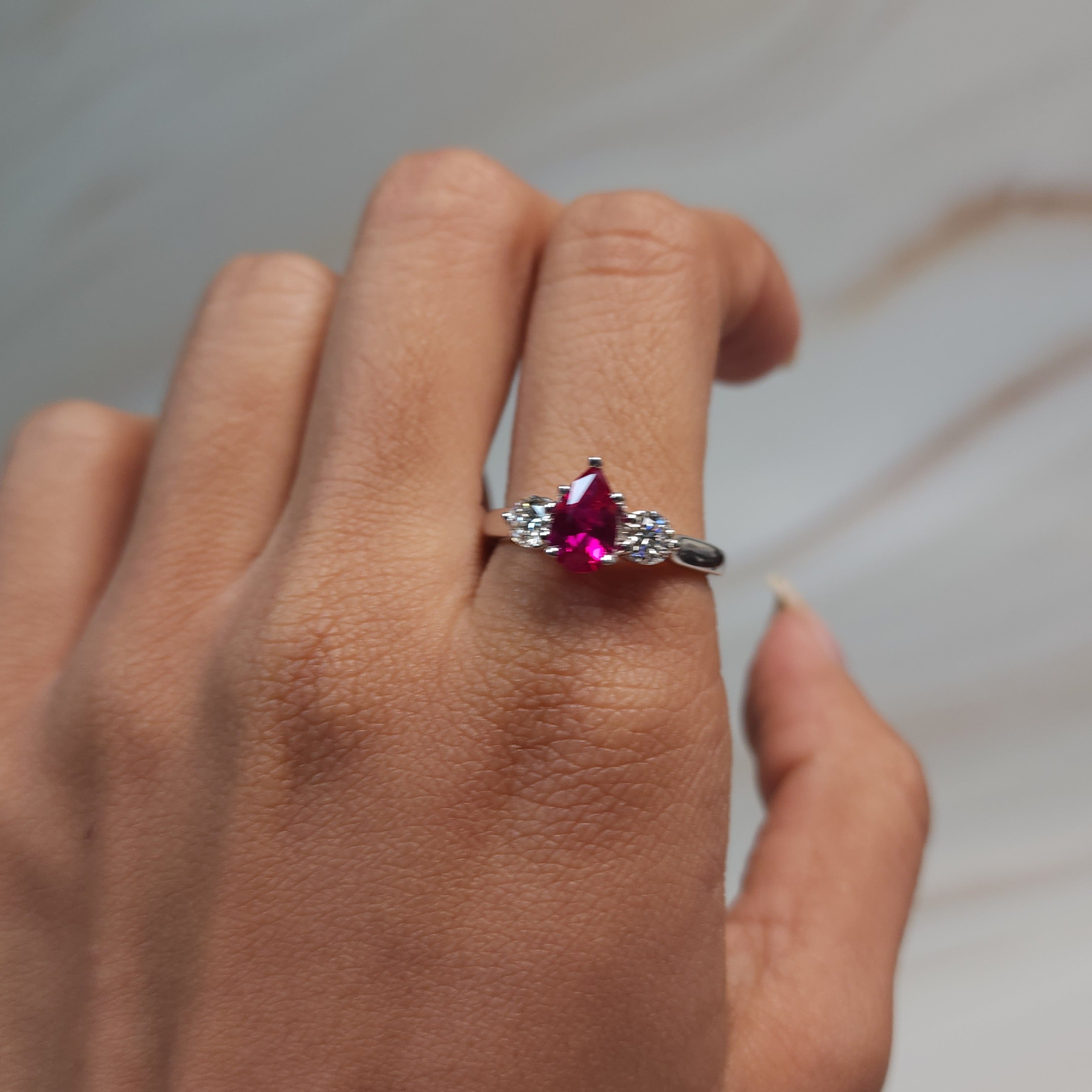 Created Ruby & Lab Grown Diamond Pear Round ring .925 Sterling