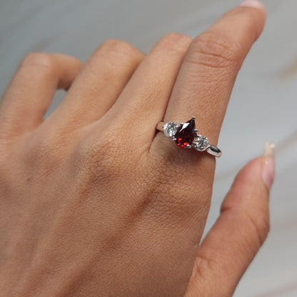 Simulated Garnet & Lab Grown Diamond Pear Round ring .925 Sterling Silver