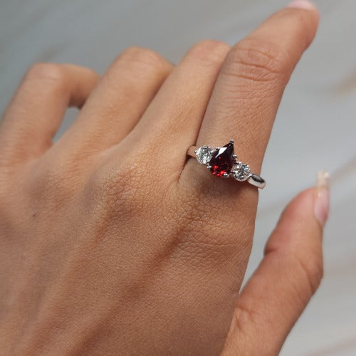 Simulated Garnet & Lab Grown Diamond Pear Round ring .925 Sterling Silver