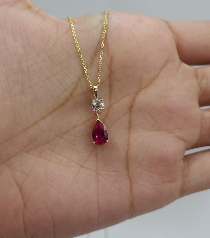 14Kt Gold Created Ruby Teardrop & Lab Grown Diamond Pendant