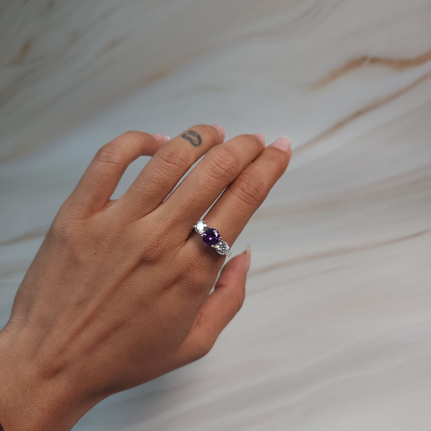 Simulated Amethyst & 1Ct Lab Grown Diamond Round ring .925 Sterling Silver