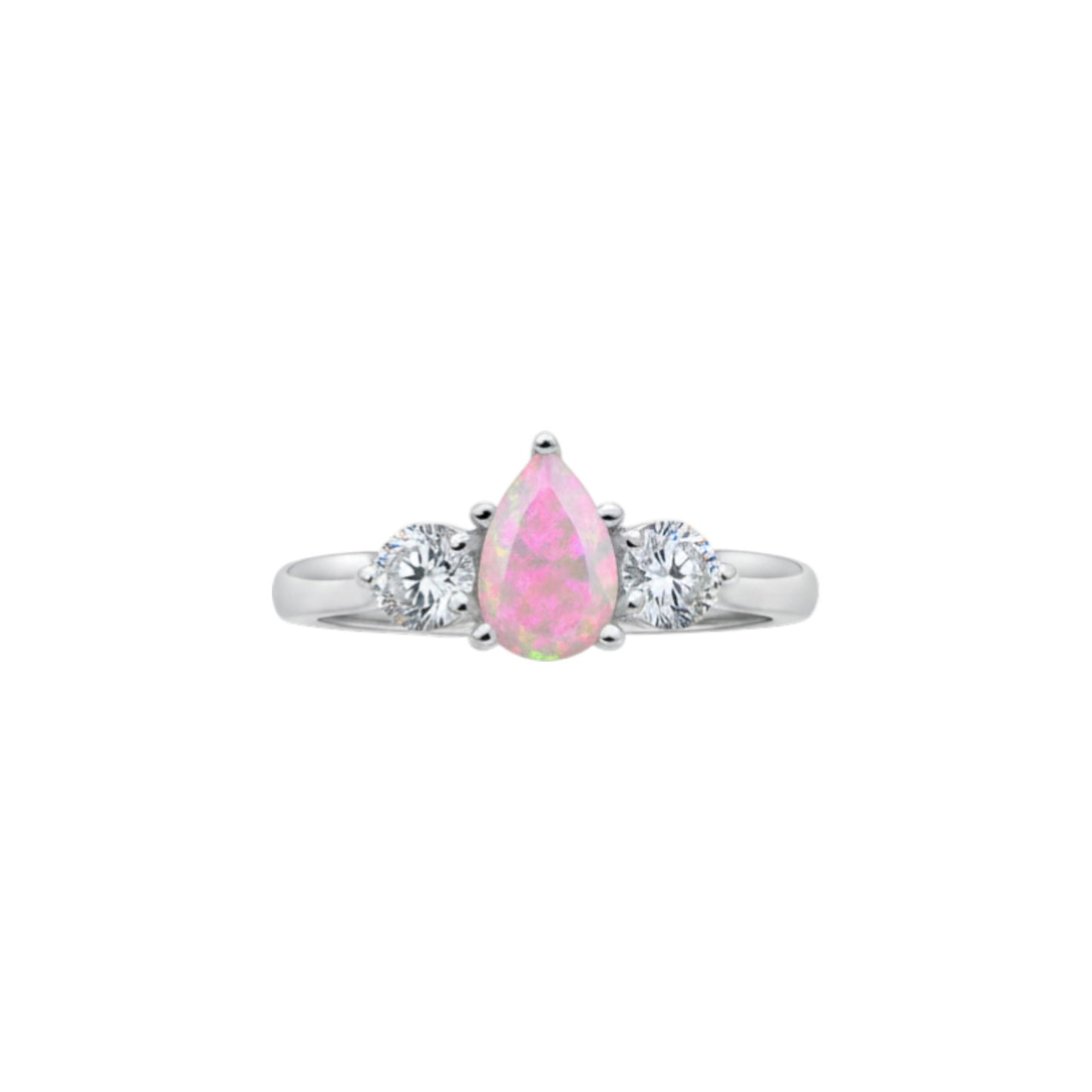 Created Pink Opal & Lab Grown Diamond Pear Round ring .925 Sterling Silver