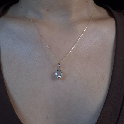 14Kt Gold Genuine Aquamarine Oval Bezel Pendant Necklace