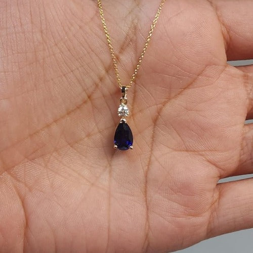 14Kt Gold Blue Sapphire Teardrop & Lab Grown Diamond Pendant