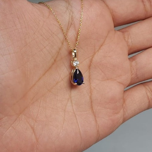 14Kt Gold Blue Sapphire Teardrop & Lab Grown Diamond Pendant