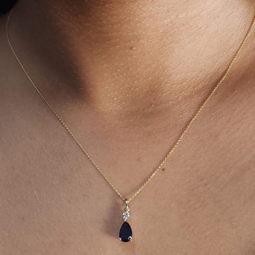 14Kt Gold Blue Sapphire Teardrop & Lab Grown Diamond Pendant