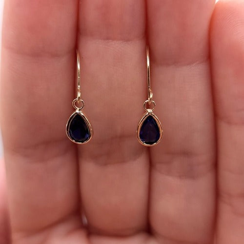 14Kt Gold Blue Sapphire Bezel Dangle Earrings