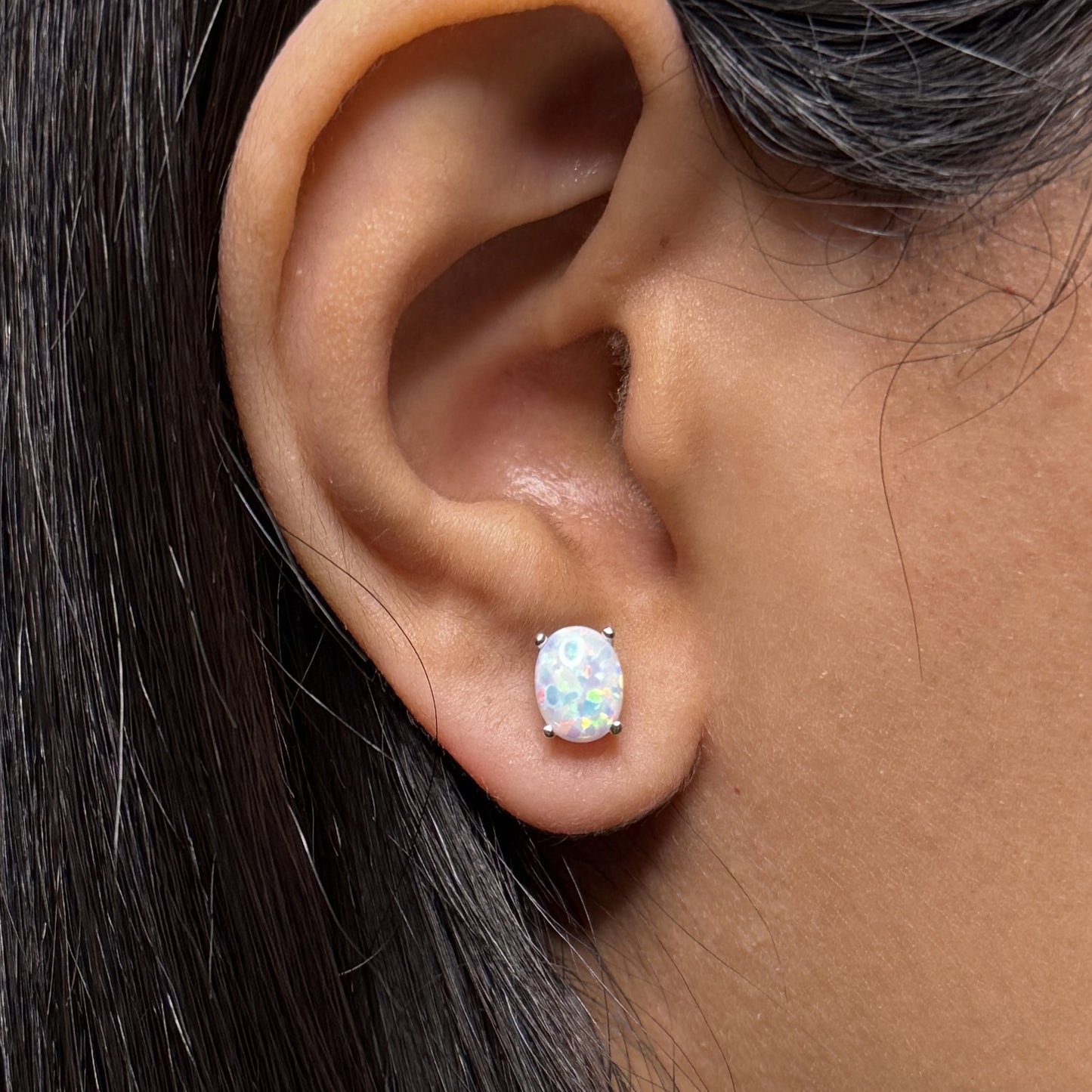 14Kt White Gold Opal Oval Stud Earrings