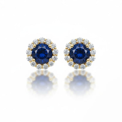 14Kt White Gold Blue Sapphire & Diamond Round Stud Earrings