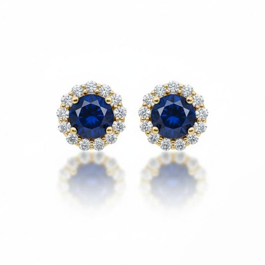 14Kt White Gold Blue Sapphire & Diamond Round Stud Earrings