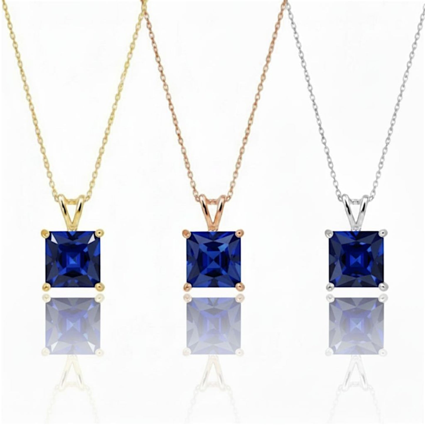 14Kt Gold Blue Sapphire Princess Cut Pendant Necklace