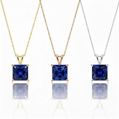 14Kt Gold Blue Sapphire Princess Cut Pendant Necklace