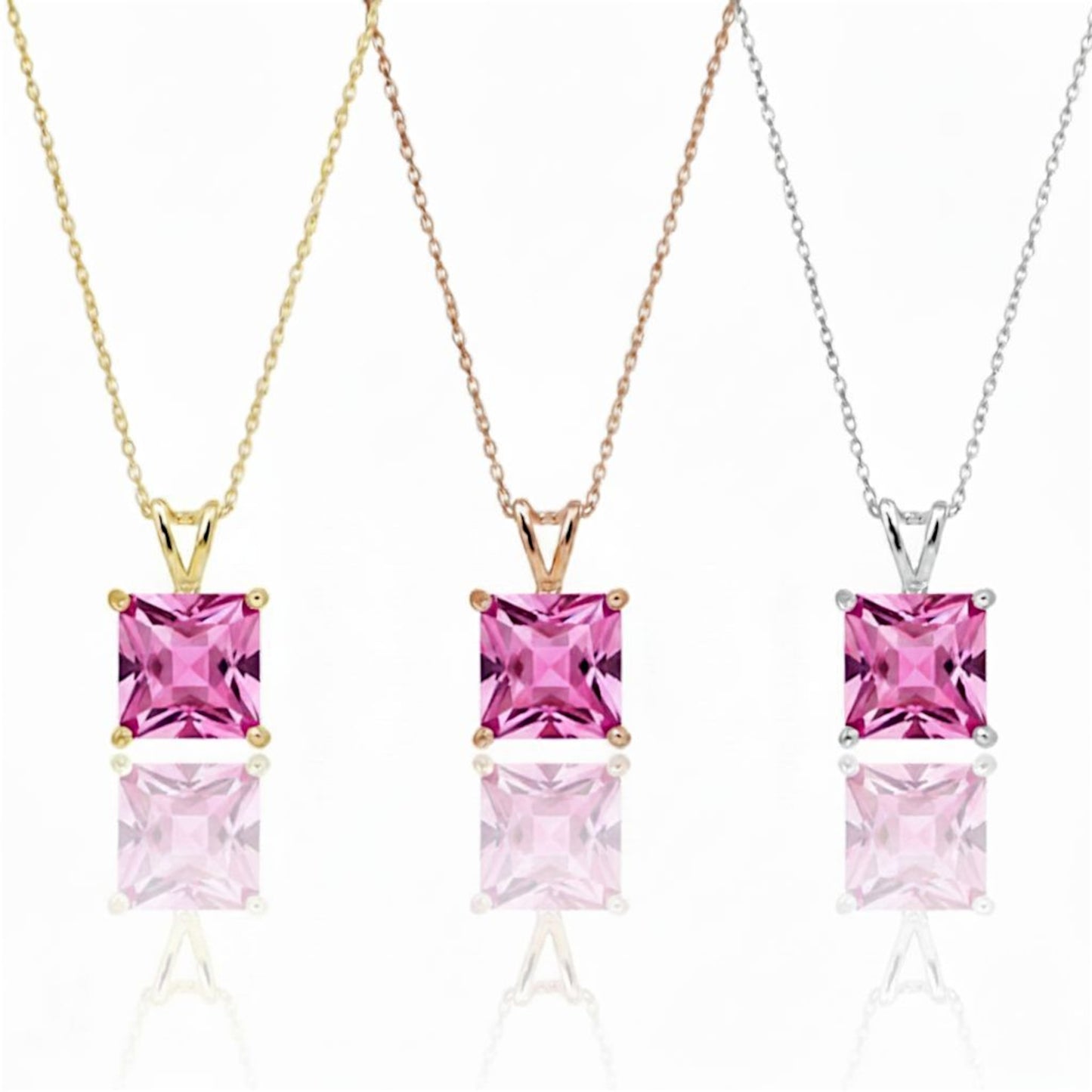 14Kt Gold Pink Sapphire Princess Cut Pendant Necklace