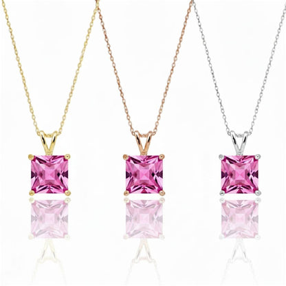 14Kt Gold Pink Sapphire Princess Cut Pendant Necklace