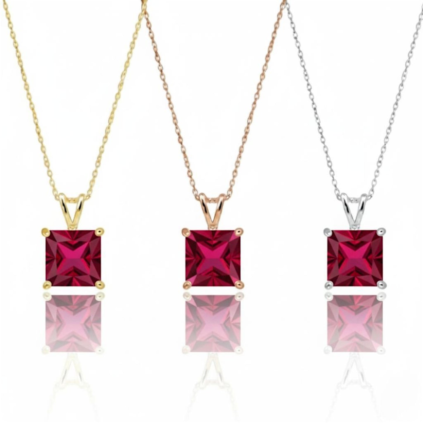 14Kt Gold Created Ruby Princess Cut Pendant Necklace