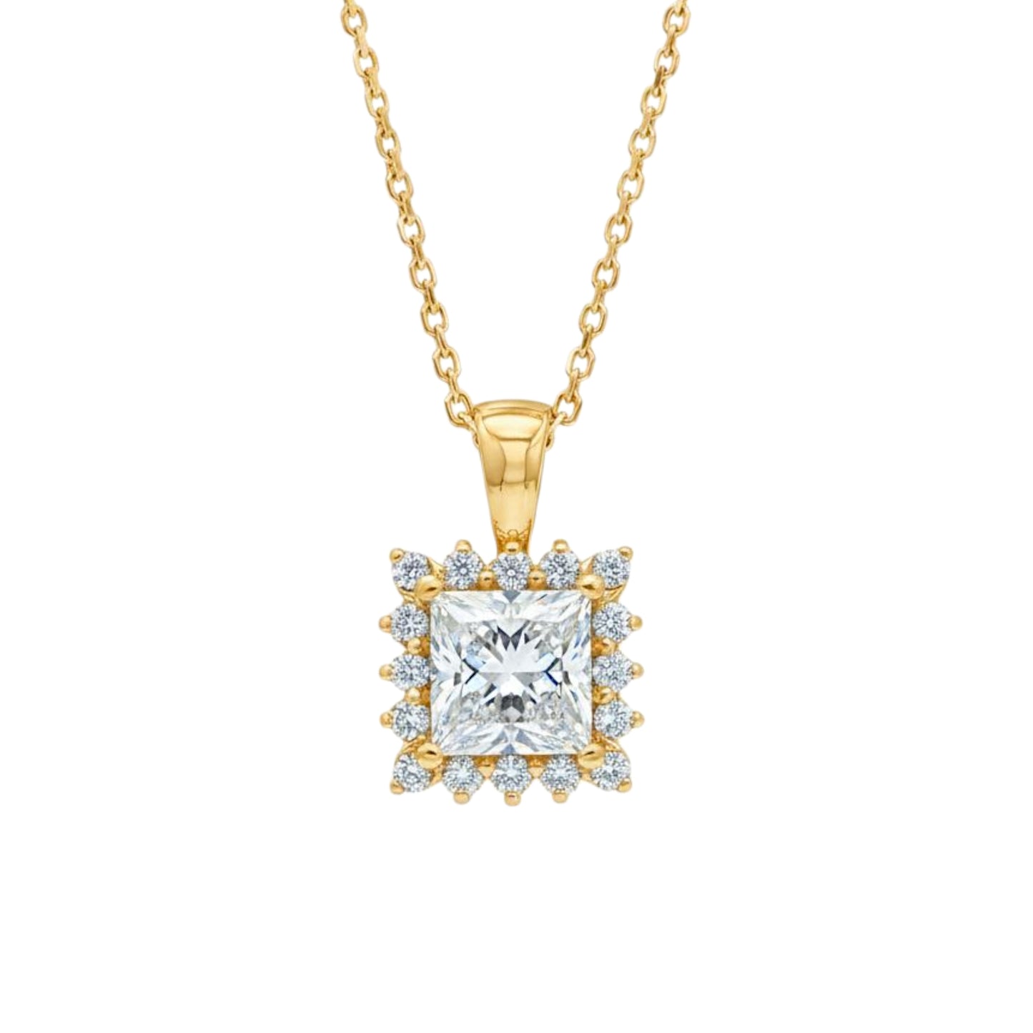 14K Gold 1.30 Ct Lab Grown Princess Cut Diamond Halo Solitaire Pendant Necklace