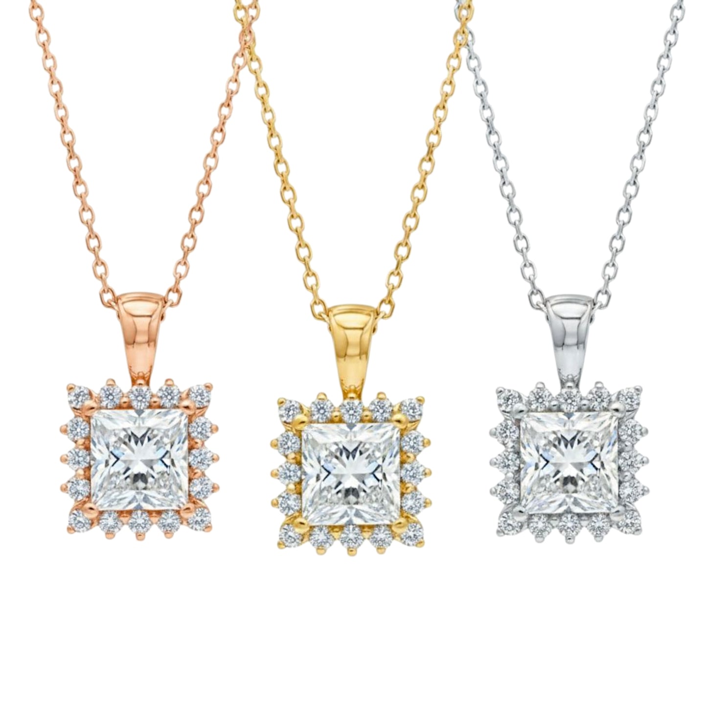 14K Gold 1.30 Ct Lab Grown Princess Cut Diamond Halo Solitaire Pendant Necklace