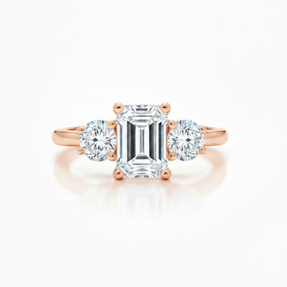 14K Gold 1.60 Ct 3 Stone Emerald Cut Lab Grown Diamond Ring