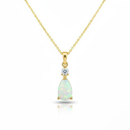 14Kt Gold Created Opal Teardrop & Lab Grown Diamond Pendant