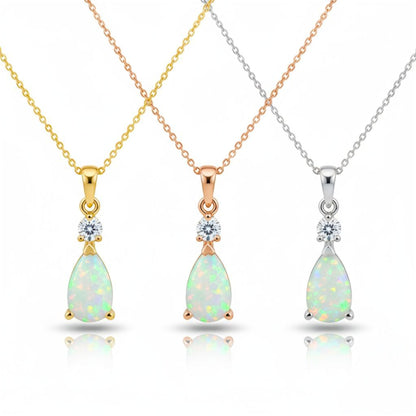 14Kt Gold Created Opal Teardrop & Lab Grown Diamond Pendant