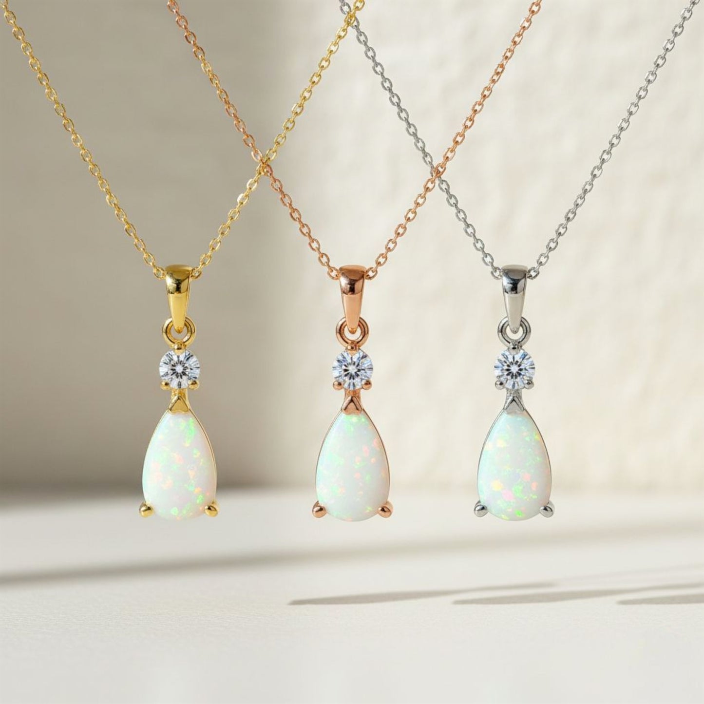 14Kt Gold Created Opal Teardrop & Lab Grown Diamond Pendant