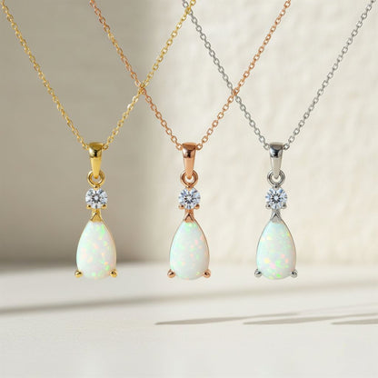 14Kt Gold Created Opal Teardrop & Lab Grown Diamond Pendant