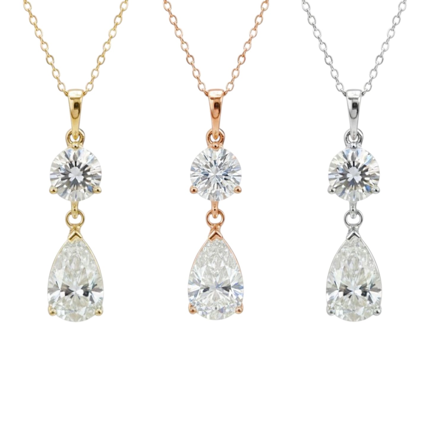 14Kt Gold 3 Ct 2 Stone Teardrop & Round Lab Grown Diamond Pendant Necklace