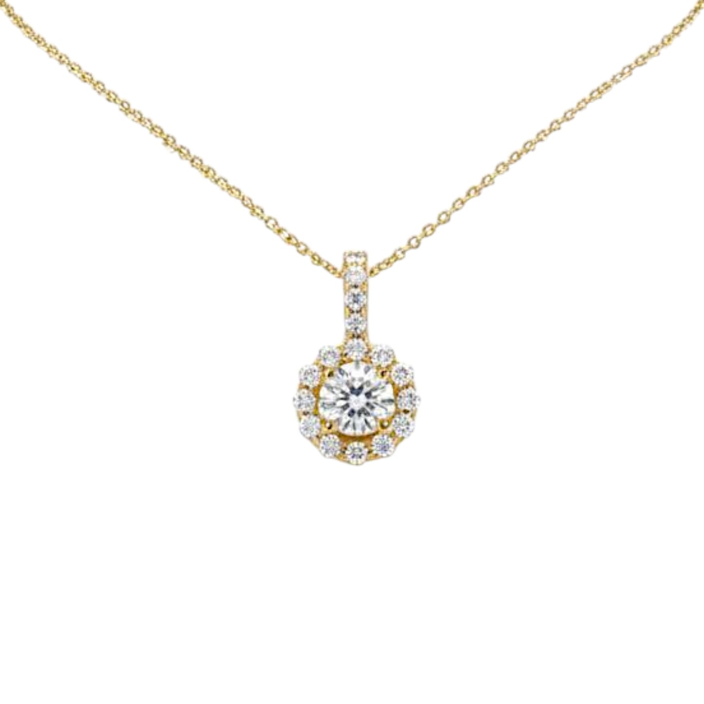 14K Gold 0.98 Ct Lab Grown Diamond Halo Solitaire Pendant Necklace