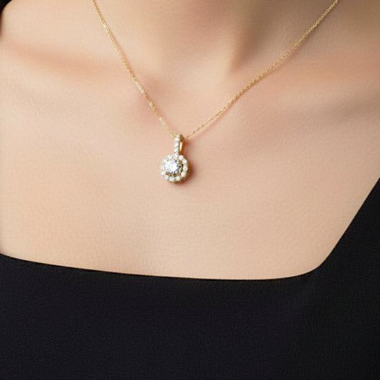 14Kt Gold 0.98 Ct Diamond Halo Pendant Necklace
