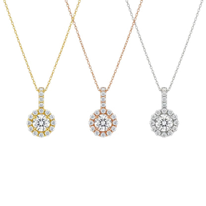 14K Gold 0.98 Ct Lab Grown Diamond Halo Solitaire Pendant Necklace
