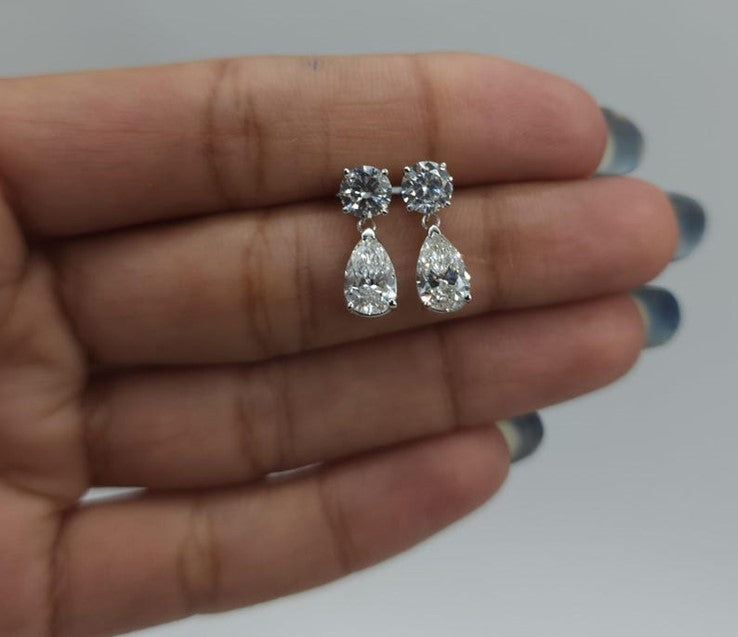 14Kt Gold 3 Prong 2.44 Ct 2 Stone Pear & Round Earrings Lab Grown Diamond Studs