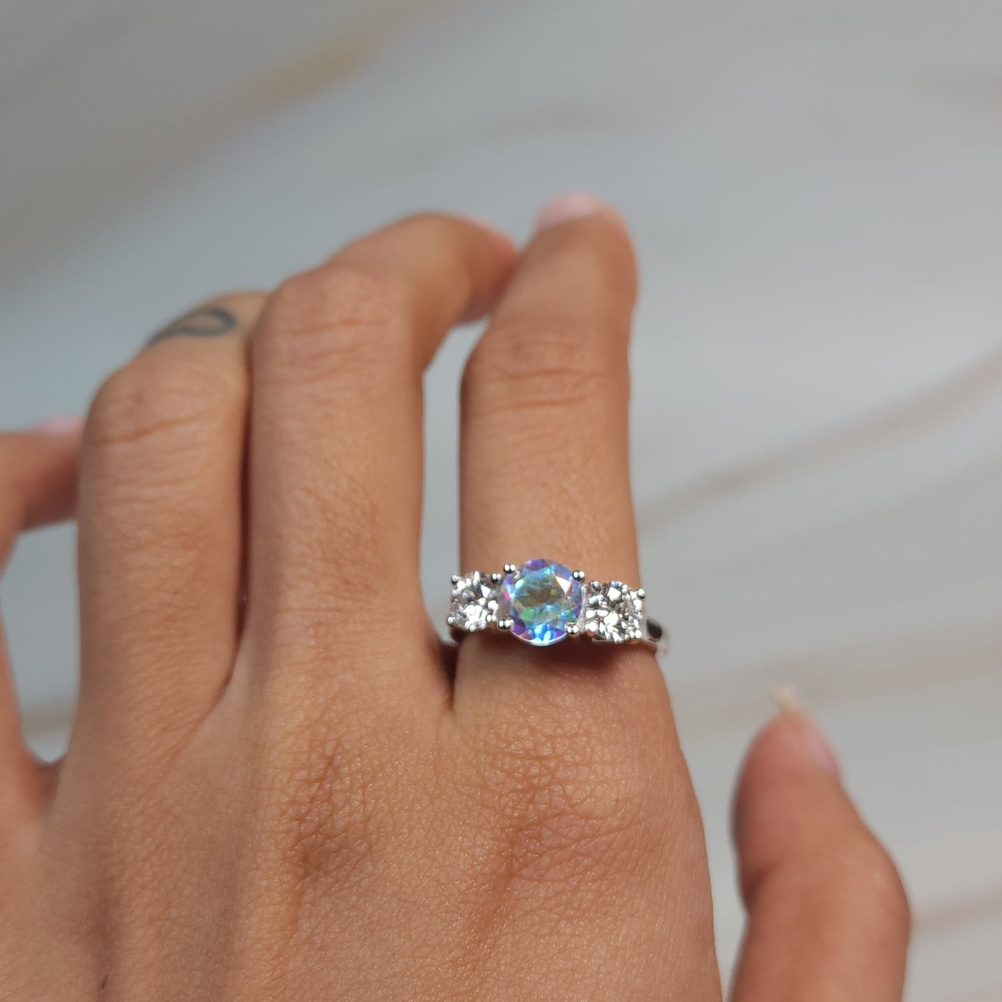 Mercury Mystic Topaz & 1Ct Lab Grown Diamond Round ring .925 Sterling Silver