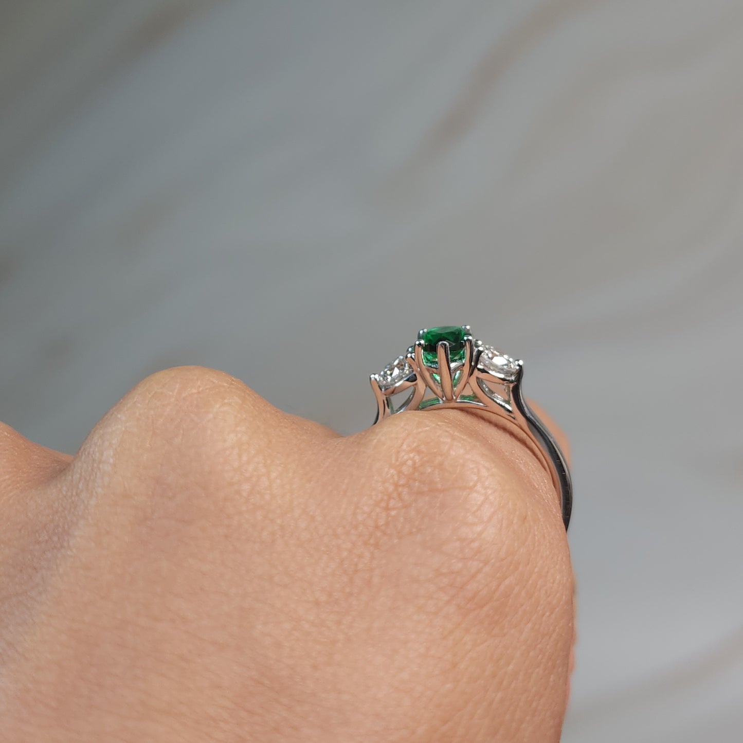Simulated Emerald & Lab Grown Diamond Pear Round ring .925 Sterling Silver