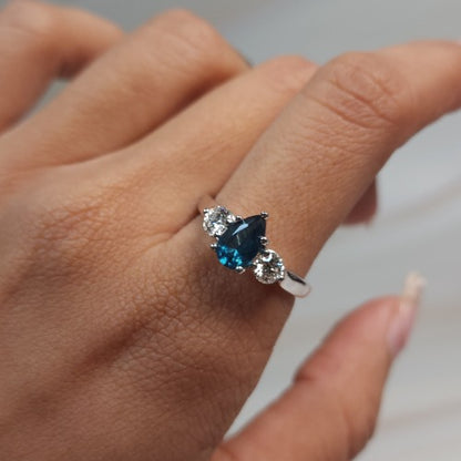 London Blue Topaz & Lab Grown Diamond Pear Round ring .925 Sterling Silver