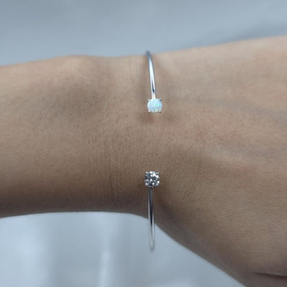 14Kt Gold Opal and Lab Grown Diamond Open Cuff Bangle