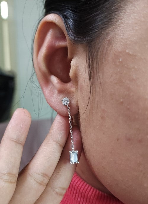 14Kt Gold 3 Ct Lab Grown 2 Stone  Emerald Cut & Round Diamond Dangle Studs Earrings