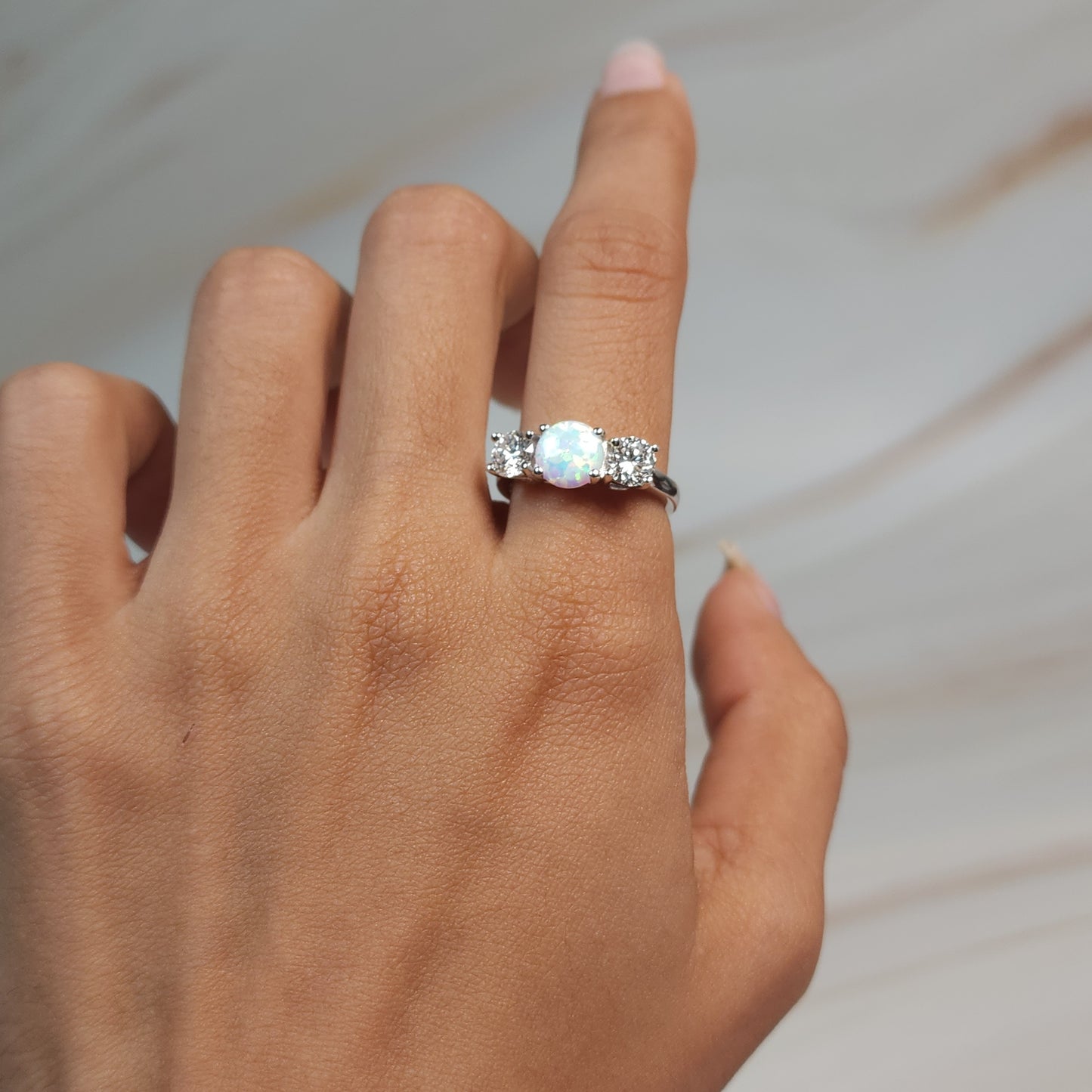 Created Opal & 1Ct Lab Grown Diamond Round ring .925 Sterling Silver