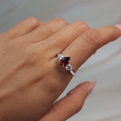 Simulated Garnet & Lab Grown Diamond Pear Round ring .925 Sterling Silver
